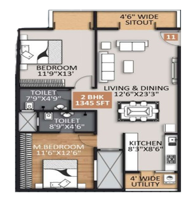 2 BHK 1345 sqft floor plan at Mighty Yuva Whitefield Bangalore
