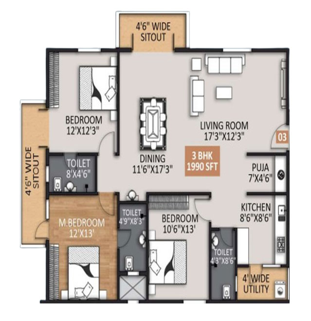 3 BHK 1990 sqft floor plan at Mighty Yuva Whitefield Bangalore
