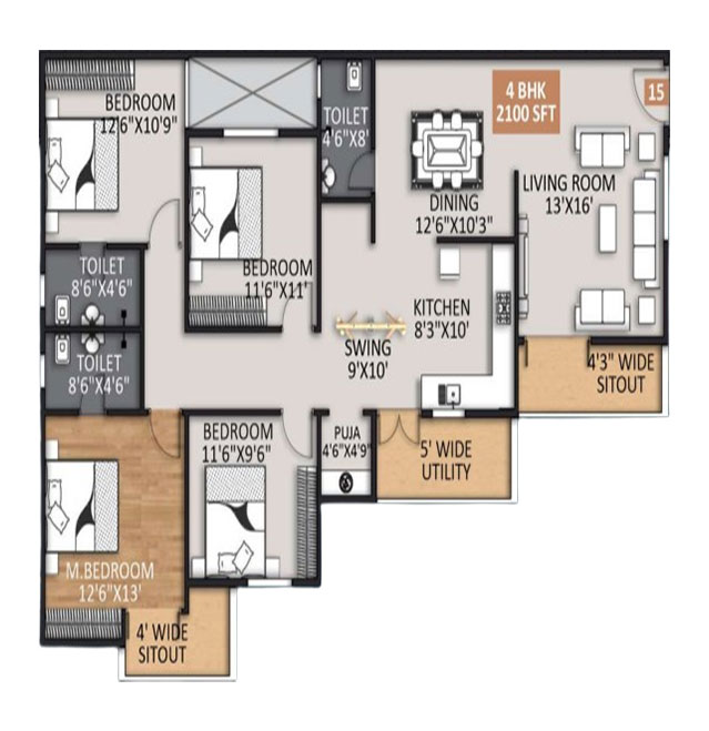 4 BHK 2100 sqft floor plan at Mighty Yuva Whitefield Bangalore